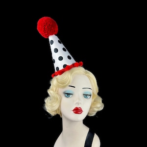 White and Black  Polka Dot Clown Hat, Halloween Costume, Vintage Clown, Burlesque, Circus Costume, Clown Headpiece, Mini Clown Hat