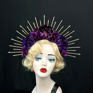 Purple and Gold Flower Crown, Day of The Dead, Sugar Skull, Halloween Hair Accessory