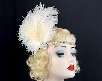 Tiara de penas estilo Grande Gatsby, pérolas e cristais com pavão, acessório de cabelo estilo melindrosa.