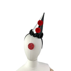 Mini Black, Red, and White Clown Hat, Cirque Costume, Birthday Party Hat, Kids, Adults, Carnival, Burlesque Headpiece, Circus Hair Accessory