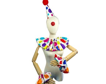 Polka Dot Weiß Satin Clown Kostüm Set, Bunt, Halloween Kostüm, Clown Hut, Halsband, Manschetten, Vintage Clown, Zirkuskostüm