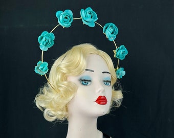 Gold Metal Halo Crown with Turquoise Blue Silk Roses, Floral Headpiece, Wedding Hair Accessory, Bridal Headband