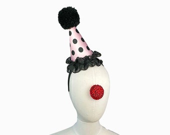 Light Pink and Black Clown Hat, Scary Clown Costume, Cirque Costume, Kid's Birthday Party Hat, Adult Halloween Costume, Mini Clown Hat