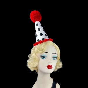 Mini Clown Hat with Black and White Polka Dots and Red Pom Pom on a Headband, Halloween Costume, Hair Accessory