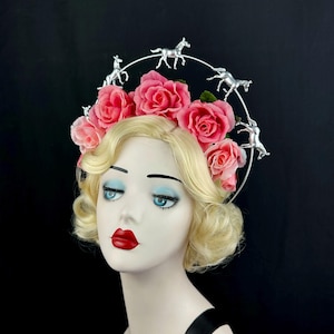 Pink Rose Headband With Silver Horses, Kentucky Derby Hat, Hair Accessory, Royal Ascot Races, Halo Headpiece, Silk Flowers, Pink Pony Club