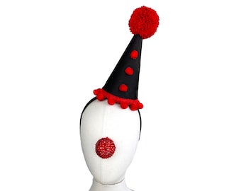 Red and Black Clown Hat with Pom Poms, Perriot Costume, Halloween, Birthday Party, Circus, Clown Headpiece, Burlesque