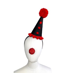 Red and Black Clown Hat with Pom Poms, Perriot Costume, Halloween, Birthday Party, Circus, Clown Headpiece, Burlesque