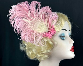 Bibi plume de paon ivoire, pince à cheveux papillon rose, clapet des années 1920, accessoire de bal de promo, demoiselles d'honneur, costume de fée fantastique, noyau de chalet