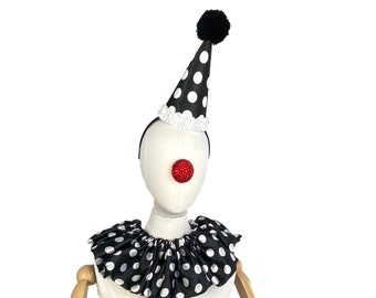 White and Black  Polka Dot Clown Hat, Halloween Costume, Vintage Clown, Burlesque, Circus Costume, Clown Headpiece, Mini Clown Hat