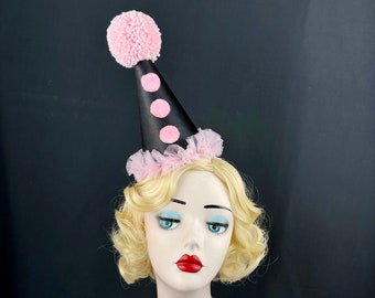 Light Pink and Black Clown Hat with Ruffle, Halloween Costume, Birthday Party, Burlesque Headpiece, Circus Hair Accessory, Kids, Adults