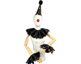 Schwarzes Satin Clown Kostüm Set mit mehrfarbiger Pom Pom Borte, Halloween Kostüm, Clown Hut, Halsband, Manschetten, Vintage Clown, Zirkuskostüm