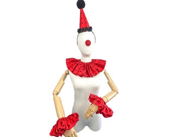 Polka Dot Clown Outfit, Red and Black ,Hat, Collar, and Cuffs, Halloween Costume, Birthday Party Hat, Kids, Adults, Circus Costume, Perriot
