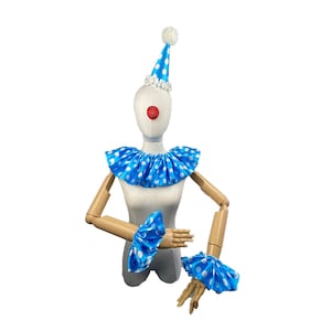 Blue and White Polka Dot Clown Costume Set, High Fashion, Halloween Costume, Clown Hat, Clown Collar, Cuffs, Vintage Clown, Circus Costume