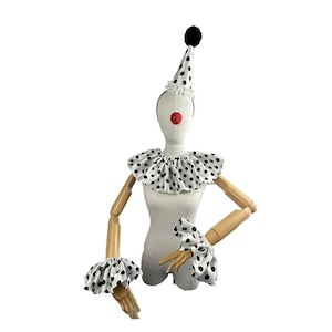 Polka Dot Clown Costume Set, Black and White, High Fashion, Halloween Costume, Clown Hat, Clown Collar, Cuffs, Vintage Clown, Circus Costume