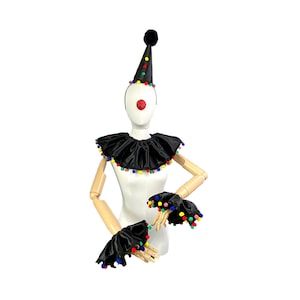 Black Satin Clown Costume Set with Multi Color Pom Pom Trim, Halloween Costume, Clown Hat, Collar, Cuffs, Vintage Clown, Circus Costume