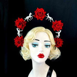 Red Rose Headband With Silver Horses, Kentucky Derby Hair Accessory, Ascot Races, Halo Headpiece, Velvet Flowers