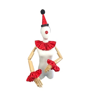 Polka Dot Clown Outfit, Red and Black ,Hat, Collar, and Cuffs, Halloween Costume, Birthday Party Hat, Kids, Adults, Circus Costume, Perriot