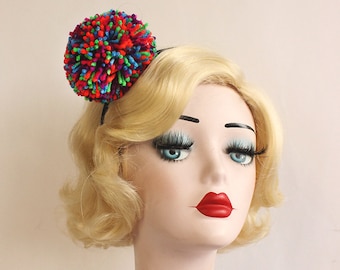 Bright Multi Colored Pom Pom Headband, Clown Headpiece, Photo Prop, Halloween Costume, Vintage Circus, Hair Accessory