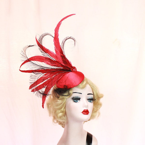 Red Hat, Feather Fascinator, Showgirl Headpiece, High Fashion, Ascot Races, Kentucky Derby, Burlesque Costume, Other Colors Available