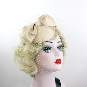 Bridal Veil, Women&#39;s Bow Hat, Bridal Fascinator, Champagne Wedding Veil, Blusher Veil, Birdcage Veil, Satin Bow, Handmade Wedding Veil