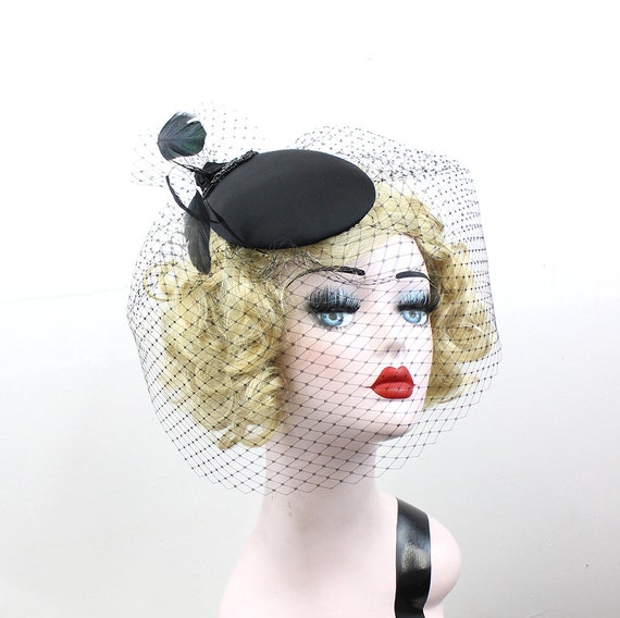 Black Cocktail Hat, Feather Fascinator, Black Birdcage Veil  display picture 2