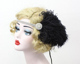 Black and Silver Headband,  Great Gatsby Headpiece, Feather Fascinator, 1920s Flapper, Bridal Hair Accessory, Halloween Costume