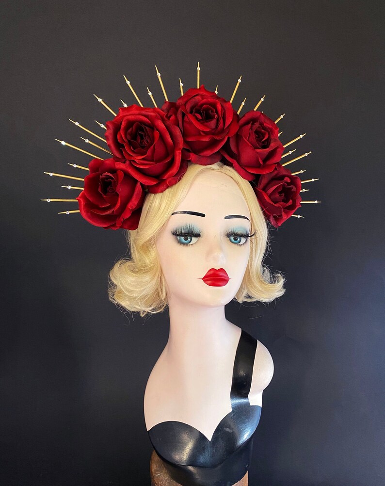 Dark Red Large Rose Flower Crown With Crystals Gold Halo Etsy