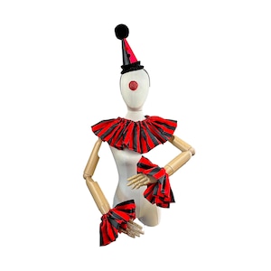 Red and Black Stripe Clown Outfit, Hat, Collar, and Cuffs, Halloween Costume, Birthday Party Hat, Kids, Adults, Circus Costume