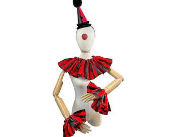 Red and Black Stripe Clown Outfit, Hat, Collar, and Cuffs, Halloween Costume, Birthday Party Hat, Kids, Adults, Circus Costume
