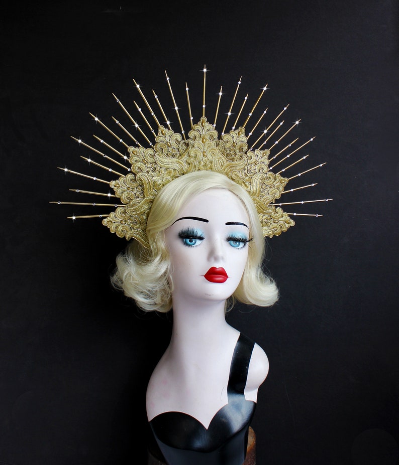 Virgin Mary Bridal Headdress Saints 6 Gold Spikes Halo Headpiece Large Goddess Crown Headband with Crystals Burning Man