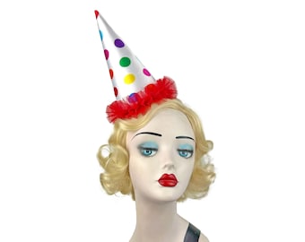 Multi Color Polka Dot Satin Clown Hat, Red Tulle Ruffle, Halloween Costume, Circus Headpiece, Carnival Headwear, Birthday Party, Clowncore