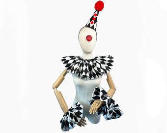 Red, Black and White Diamond Satin Clown Costume Set, Halloween Costume, Clown Hat, Collar, Cuffs, Vintage Clown, Circus, Harlequin, Jester