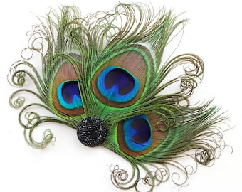 Peacock Feather Fascinator, Hair Accessory, Bridesmaids, Head Piece, Hair Clip, Victorian, Jet Black, Pick Your Own Colors