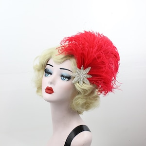 May include: A red feather hairpiece with a silver star-shaped rhinestone embellishment.