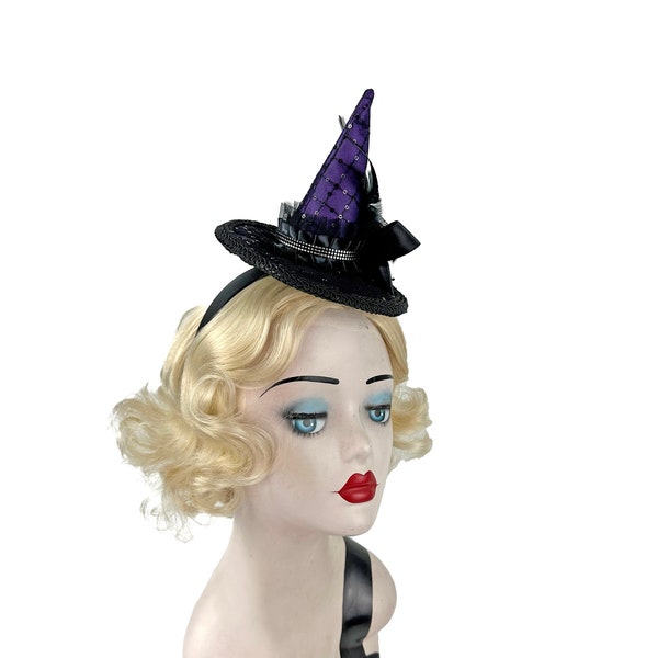 Mini chapeau de sorcière violet et noir avec bandeau avec dentelle et plumes, réglable