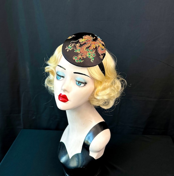 Black Dragon Fascinator Head Piece, Mini Hat, Crystals, Asian Inspired