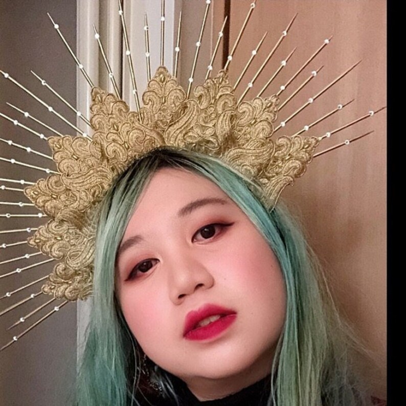 Virgin Mary Bridal Headdress Saints 6 Gold Spikes Halo Headpiece Large Goddess Crown Headband with Crystals Burning Man