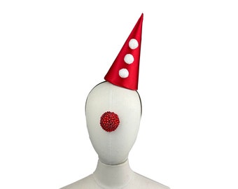 Mini Red Clown Hat with White Pom Poms, Halloween Costume, Circus Headpiece, Carnival Headwear