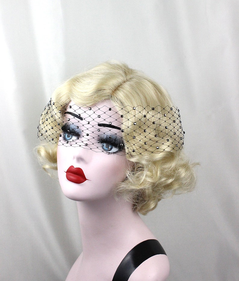 Voile bandé noir, Voile de cage à oiseaux, Cristal Swarovski, Voile de cristal, Voile noir, Vêtement fétiche, Pin Up, Mariage Gothique, Accessoire de cheveux, Glam image 3