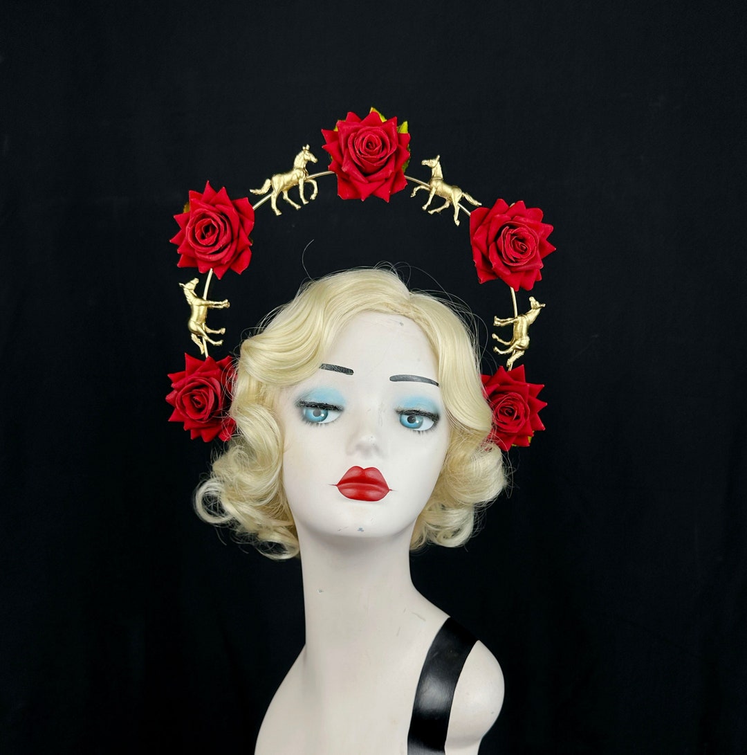 Red Rose Headband With Gold Horses, Kentucky Derby Hair Accessory