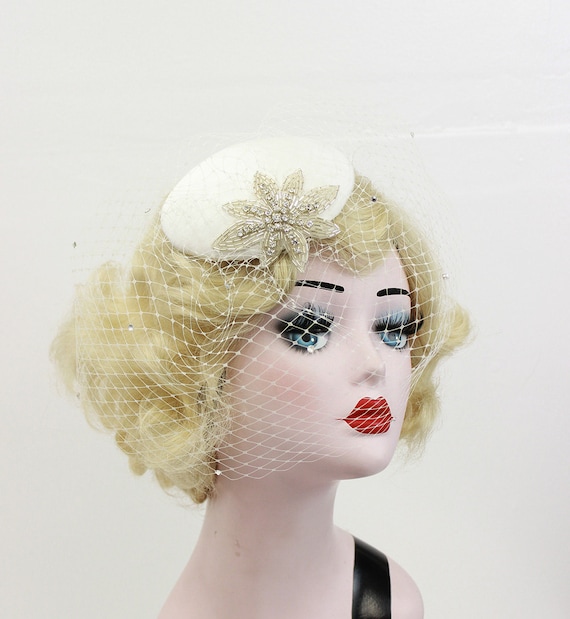 Wedding Cocktail Hat - Ivory White Birdcage Veil - Bridal  display picture 1