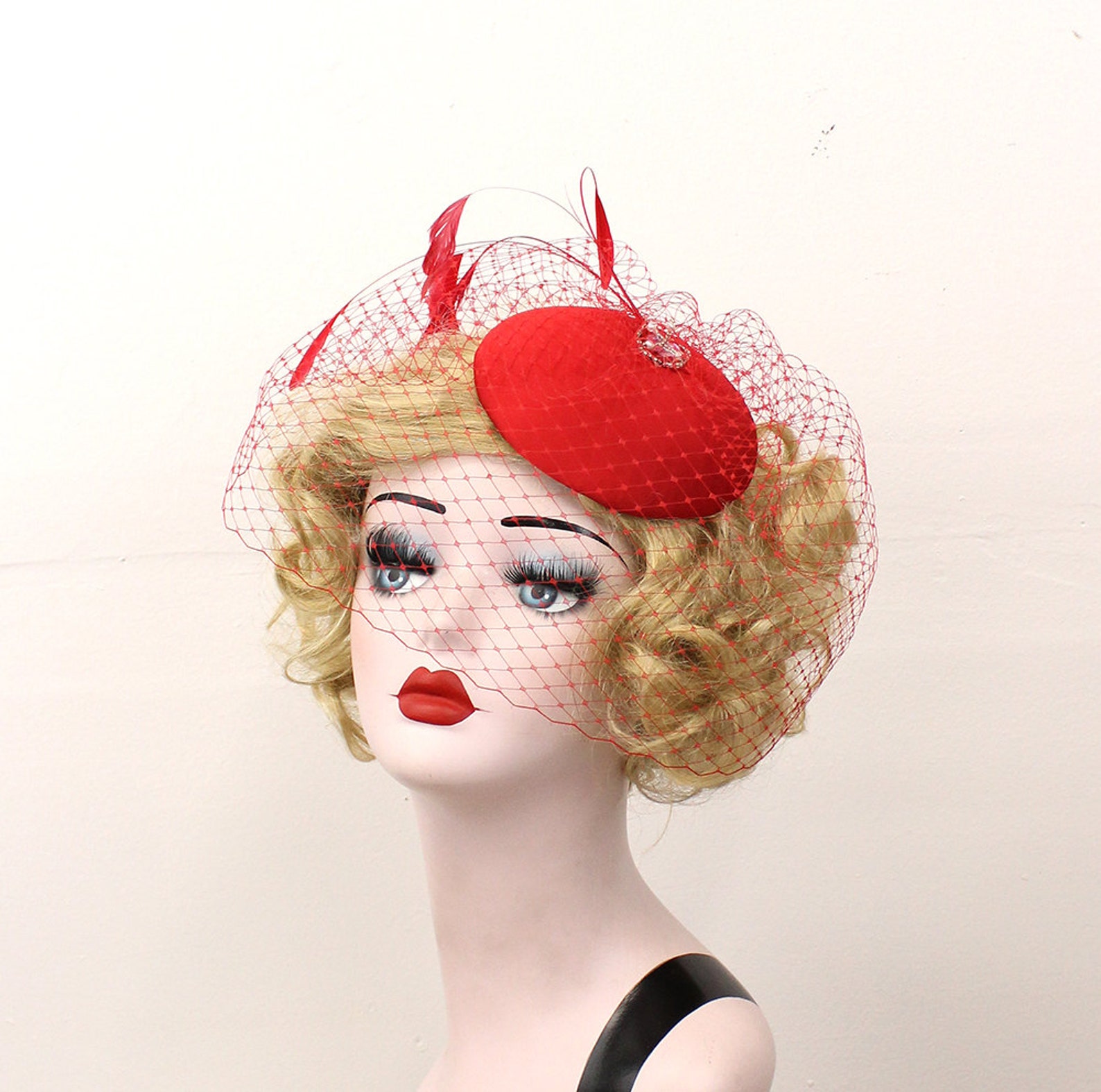 Red Hat Red Birdcage Veil Feather Fascinator Pin Up Head Etsy
