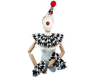 Red, White with Black Diamond Satin Clown Costume Set, Halloween Costume, Clown Hat, Collar, Cuffs, Vintage Clown, Circus Costume, Harlequin