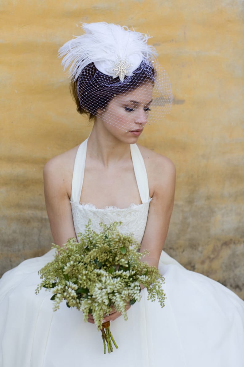 Batcakes Couture Bridal Hat Ivory Birdcage Veil Weddings Silver Screen Star Feather Fascinator