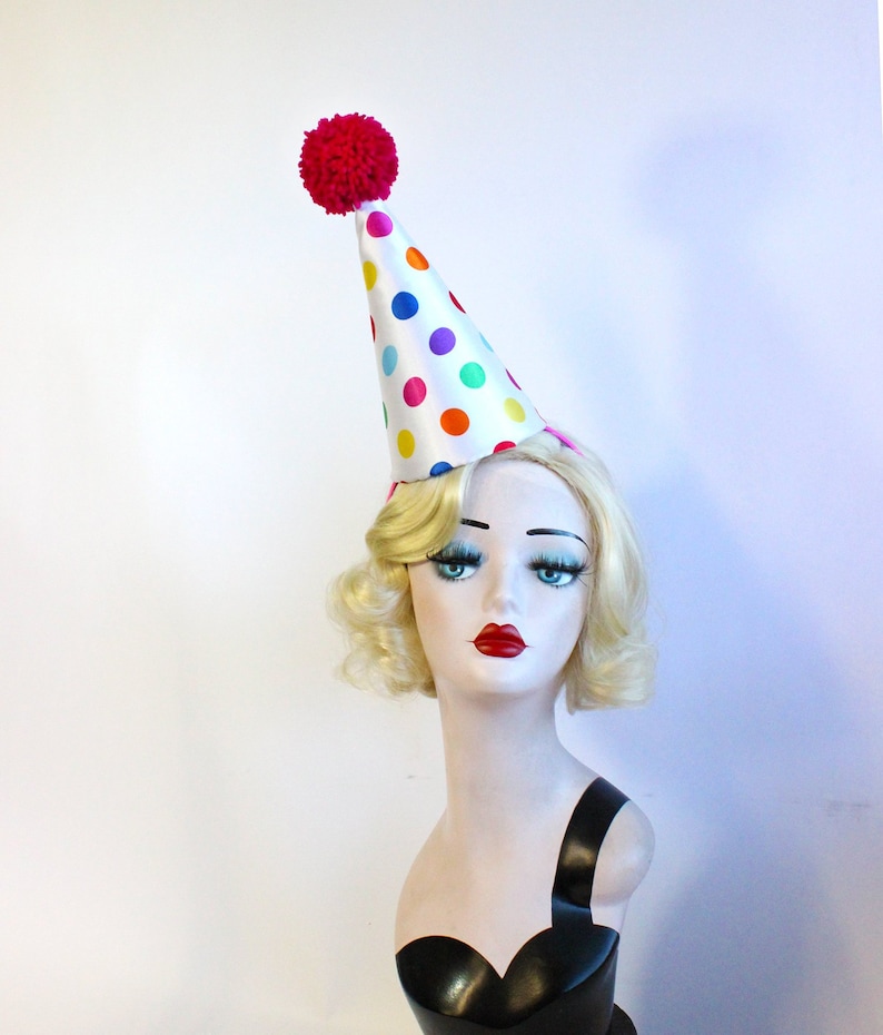 As Seen on Bailey Sarian ,Clown Hat, Birthday Party Hat, Circus Costume, Multi Colored Polka Dot, Halloween Costume, Scary Clown image 2