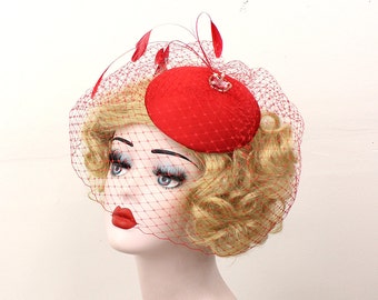 Red Cocktail Hat, Blusher Length Birdcage Veil, Feather Fascinator, Pin Up, Head Piece, Other Colors Available