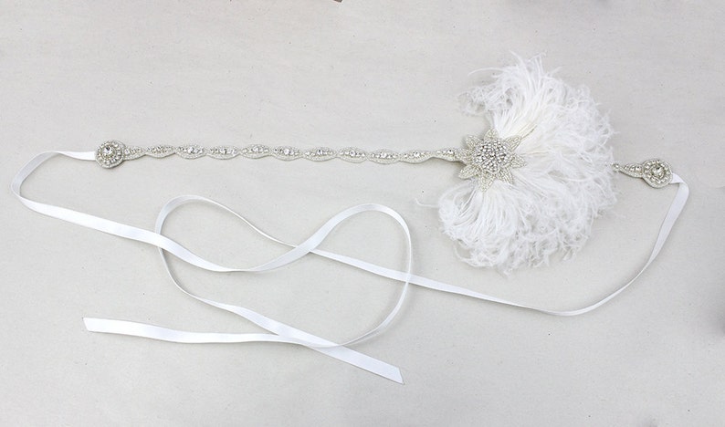 Ivory White Feather Headband, Bridal Head Piece, Feather Fascinator, 1920's Flapper, Great Gatsby, Crystal Head Dress, Costume Headpiece image 3