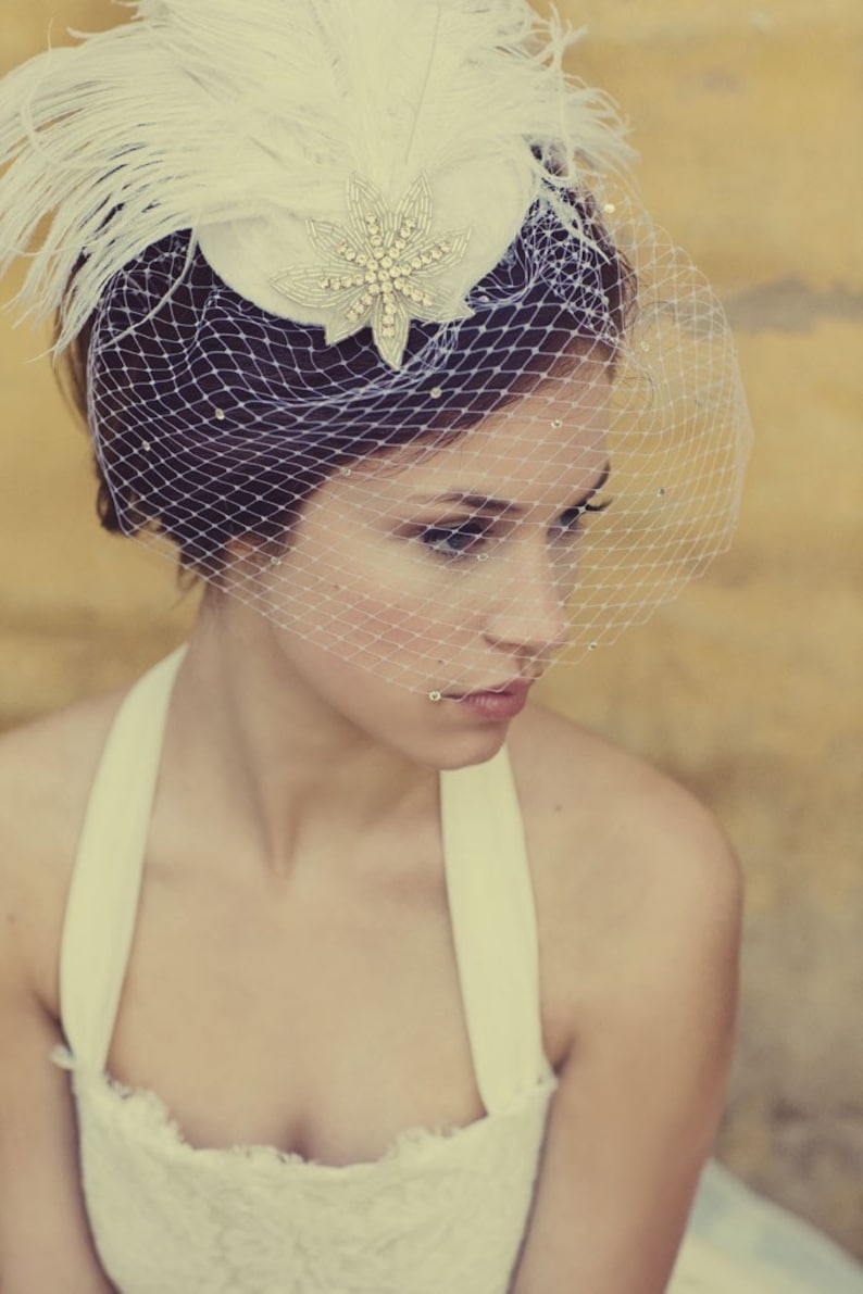 Batcakes Couture Bridal Hat Ivory Birdcage Veil Weddings Silver Screen Star Feather Fascinator