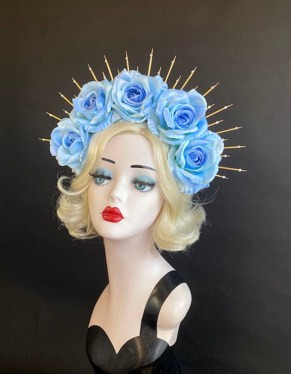 Baby Blue Rose Halo Headband, Flower Crown, Gold Spike  display picture 2