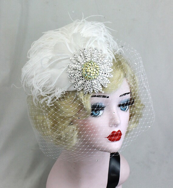 Swarovski Crystal Daisy, Unique Ivory Birdcage Veil, Feather  display picture 3